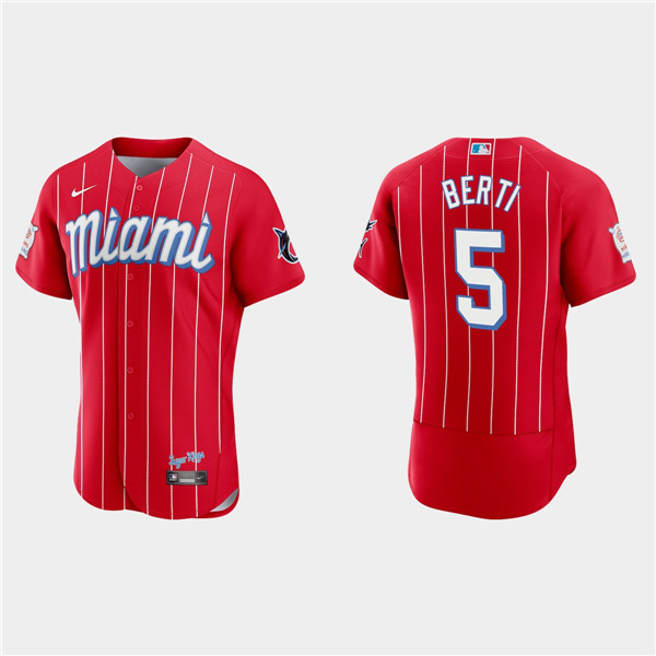 Men's Miami Marlins #5 Jon Berti 2021 Red City Connect Flex Base Stitched Jersey Men's Miami Marlins #5 Jon Berti 2021 Red City Connect Flex Base Stitched Jersey